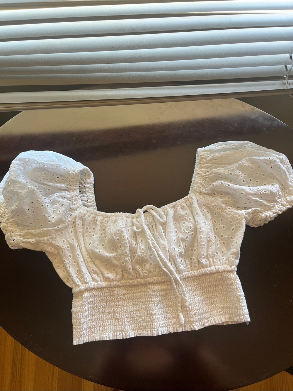 White Eyelet Puff-Sleeve Cropped Top with Smocked Hem